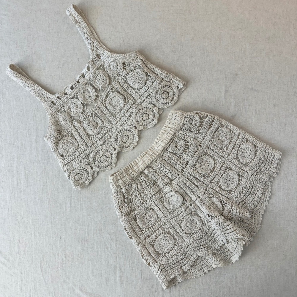 Crochet Tank Top and Shorts Set - Cream